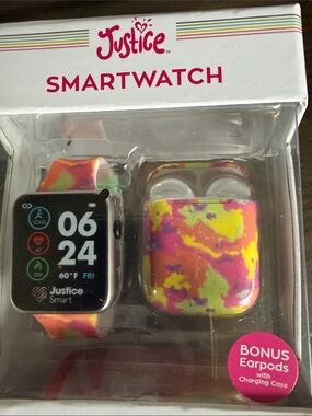 Justice Tie-Dye Pink and Yellow Smartwatch with Matching Earbud Case